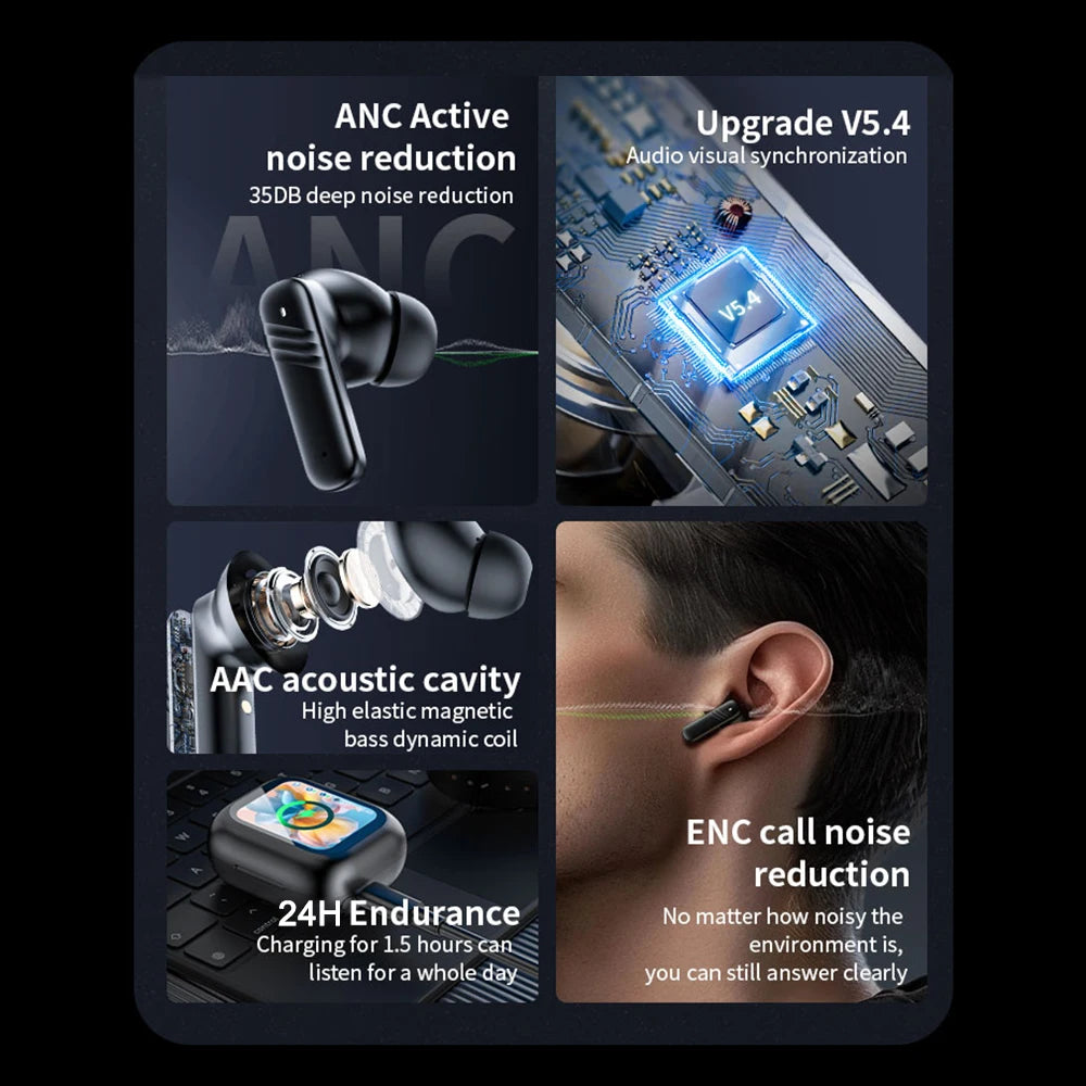 Wireless Earbuds With Touch Screen In-Ear Earphone ANC Noise Cancellation Long Battery ENC Mic Compatible For IOS Android